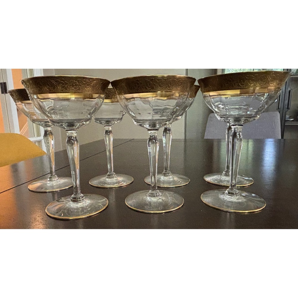 Vintage Minton Glastonbury Lotus Gold Optic‎ coupe low champagne set of 7